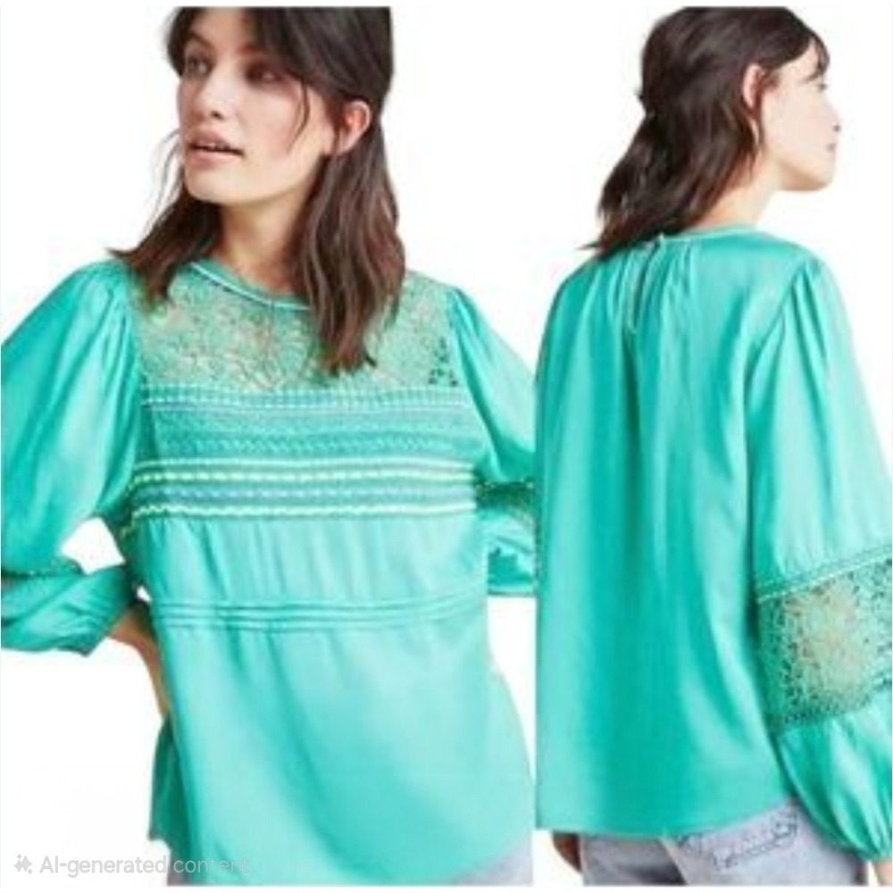 Anthropologie Blank London Green Shirt W Lace Crochet Embroidered Boho Top Small